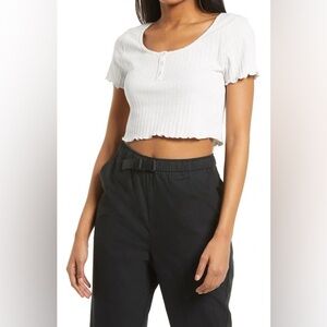 BP White Button-Front Ribbed Crop Top